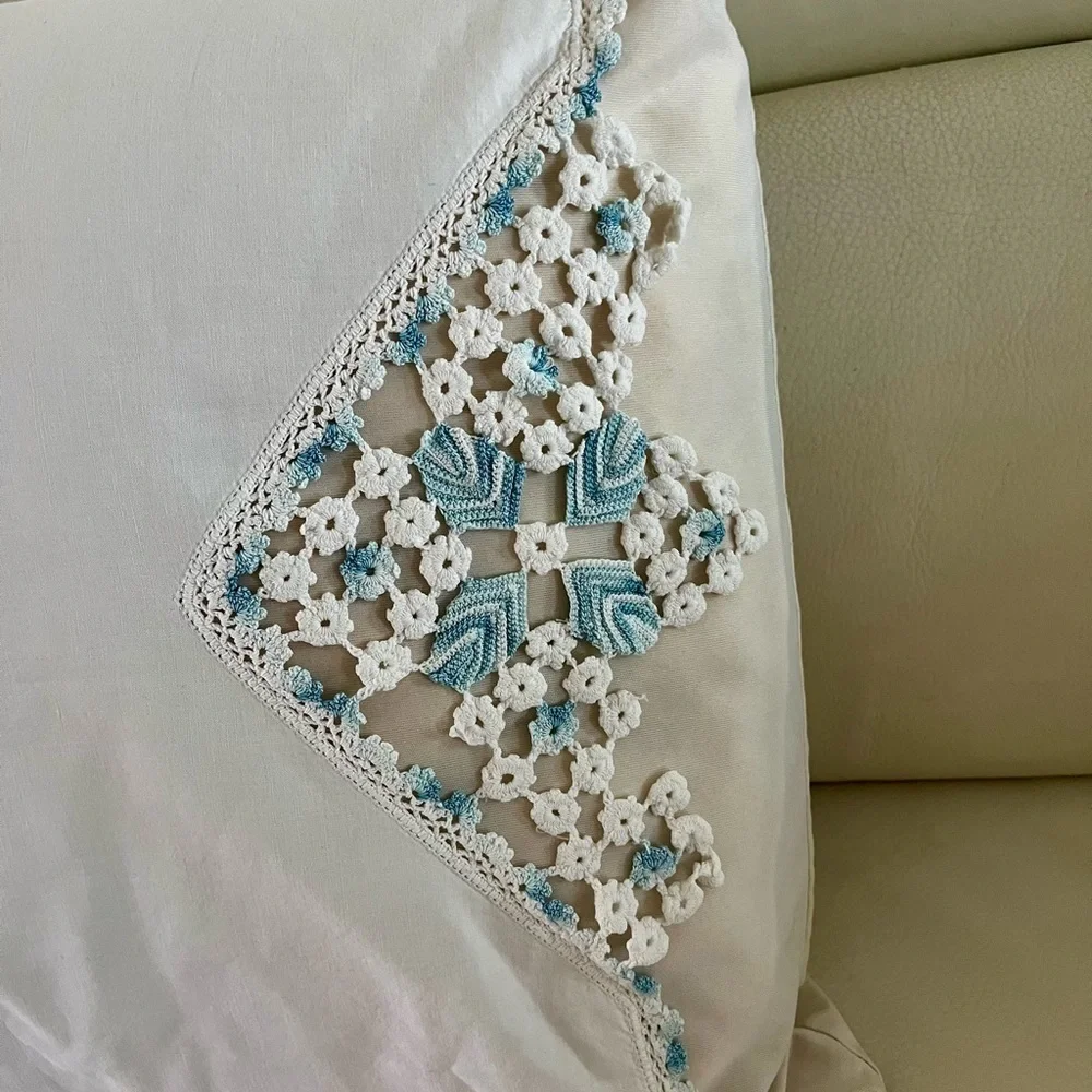Elegant White Pillowcase with Blue Embroidery 19/31 inches